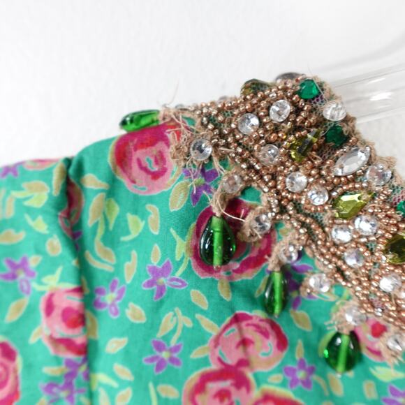 Vintage Plenty by Tracy Reese Green Floral Crystal Beaded Cotton Mini Dress 8 - Picture 8 of 16